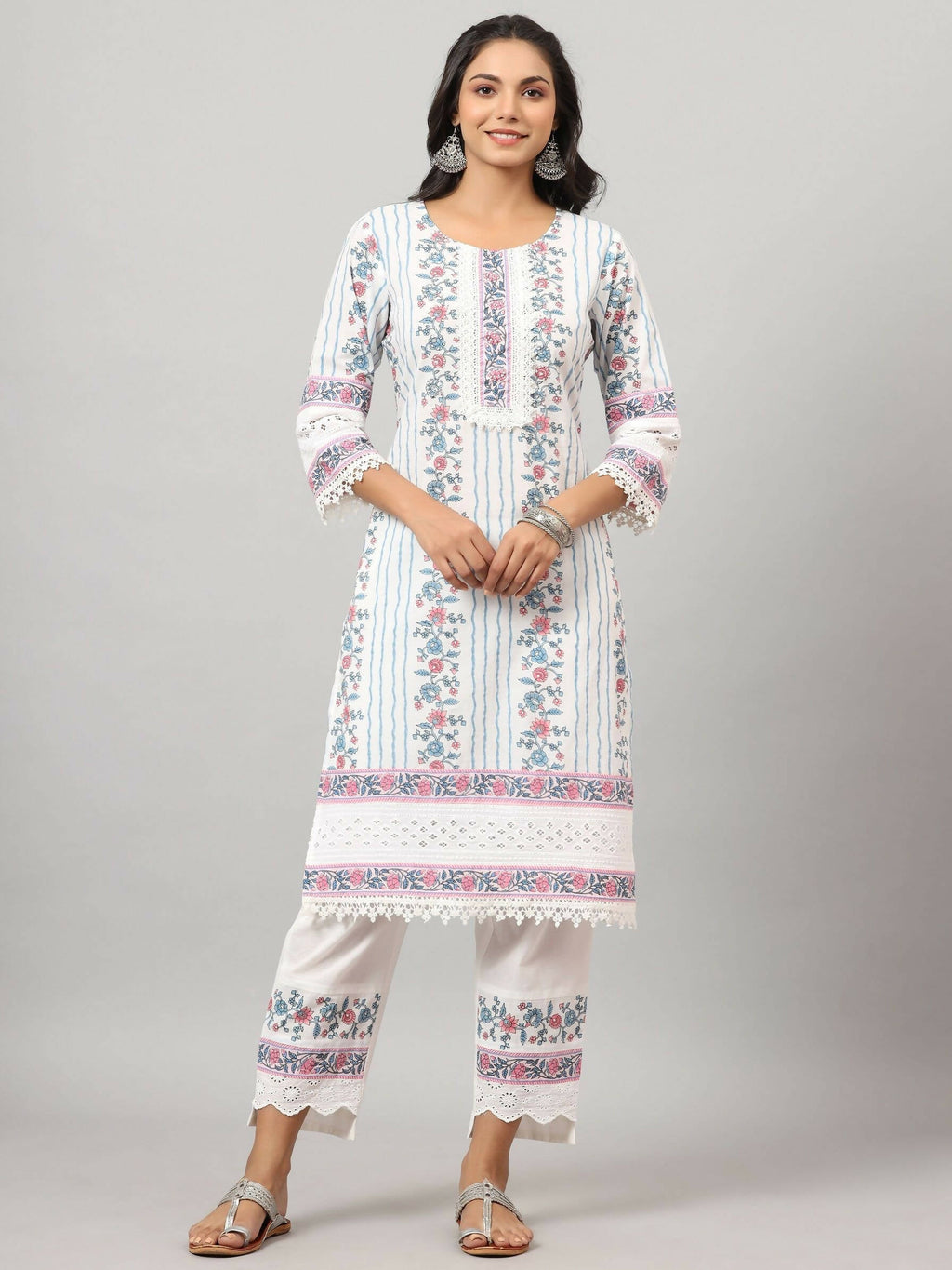 Juniper Women's Off-White Cambric Printed Stright Kurta Sets | Grocsy