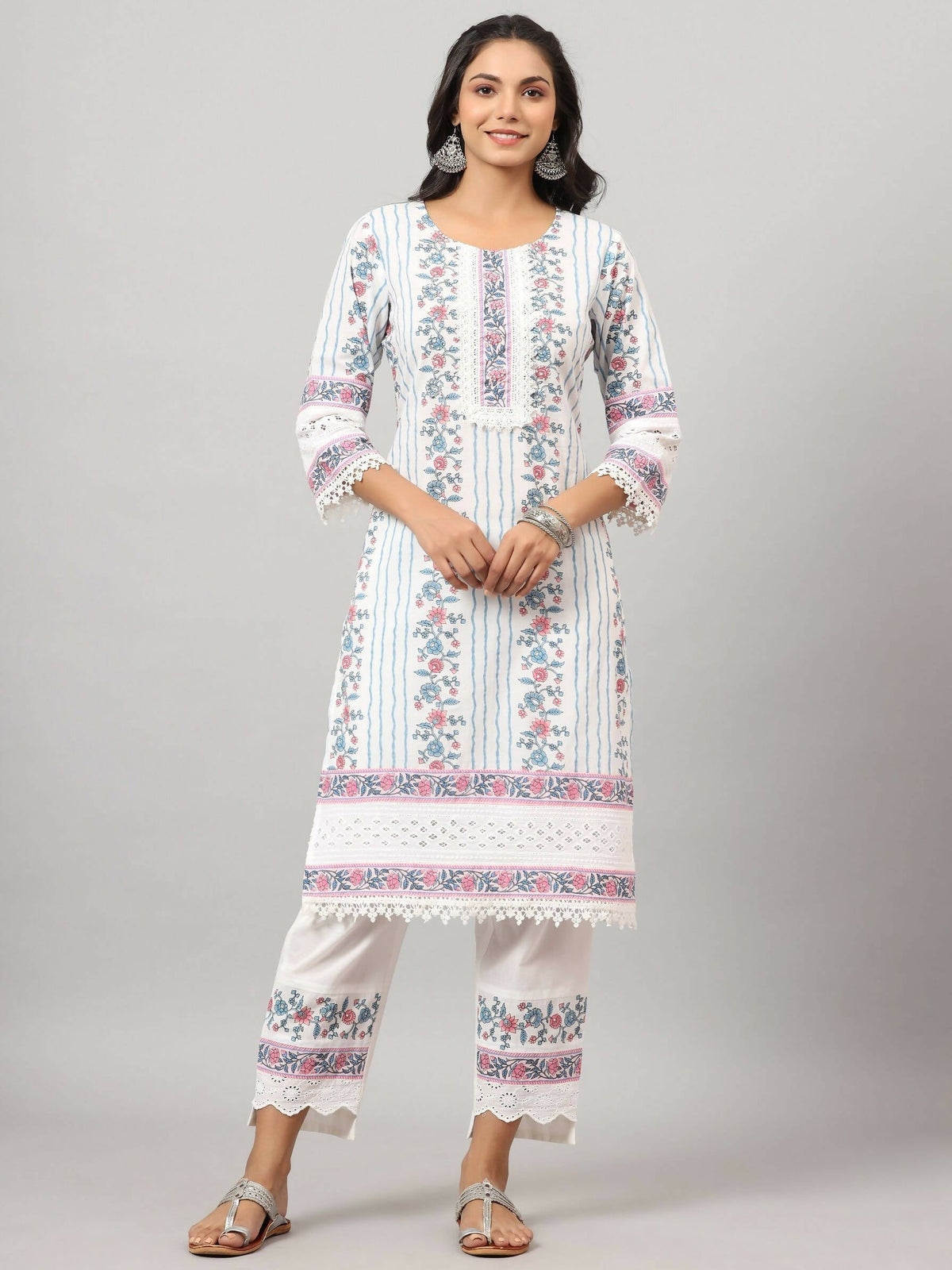 Juniper Women's Off-White Cambric Printed Stright Kurta Sets | Grocsy