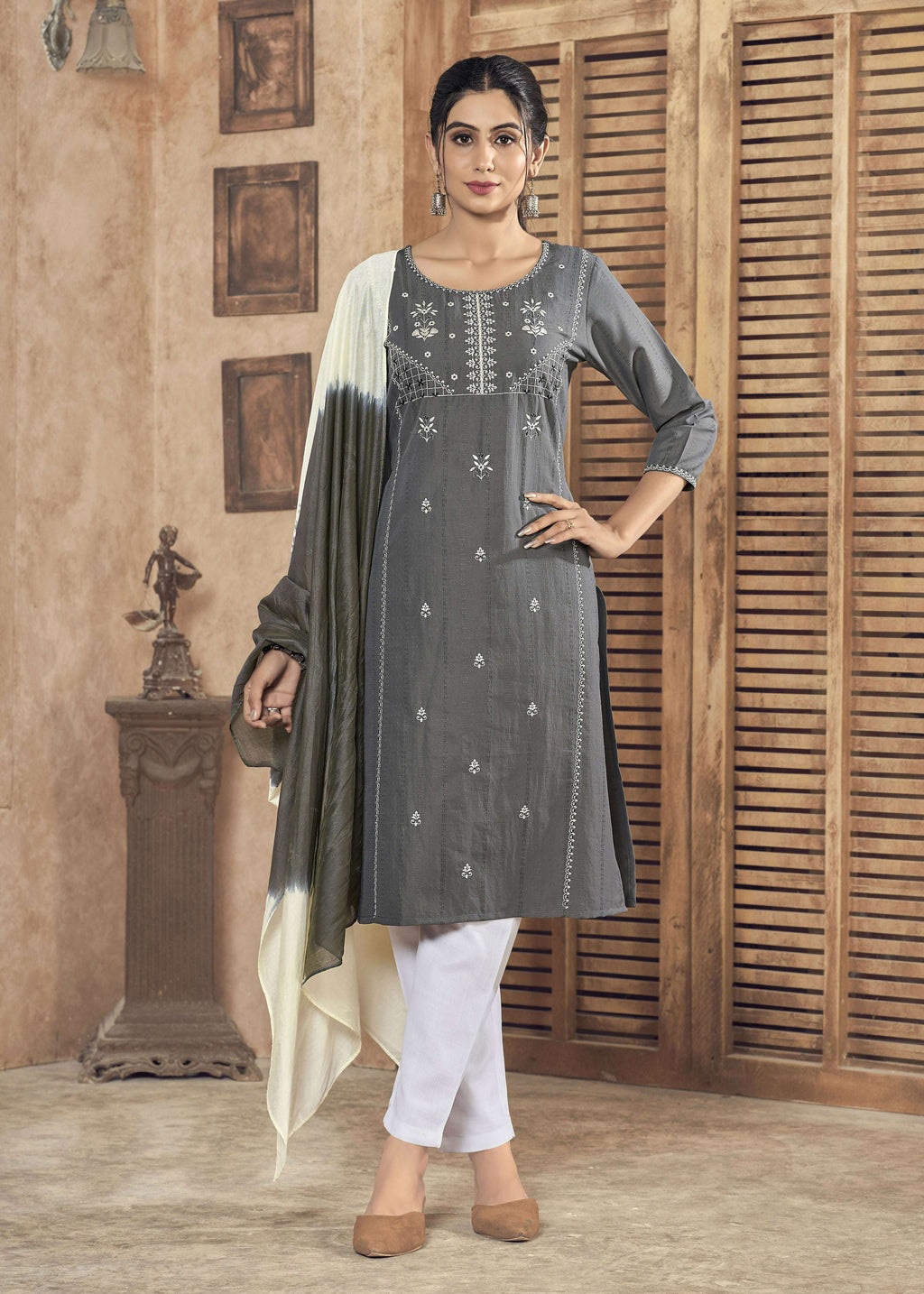 Jyoti Fashion Women's Grey Pure Viscose Weaving Stripe with Embroidery Kurta Set | Grocsy