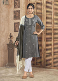 Jyoti Fashion Women's Grey Pure Viscose Weaving Stripe with Embroidery Kurta Set | Grocsy