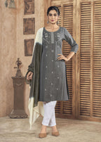 Jyoti Fashion Women's Grey Pure Viscose Weaving Stripe with Embroidery Kurta Set | Grocsy
