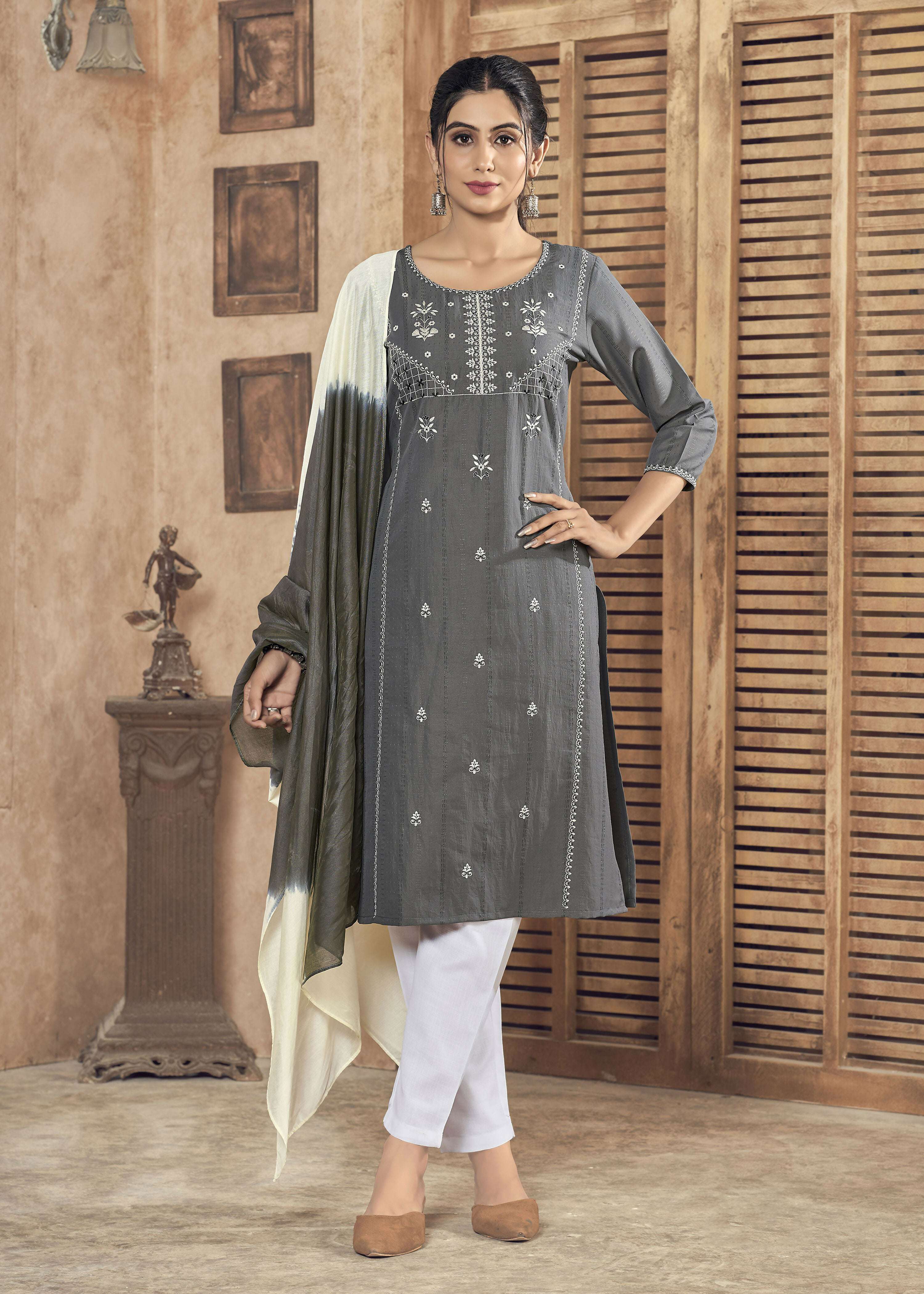 Jyoti Fashion Women's Grey Pure Viscose Weaving Stripe with Embroidery Kurta Set | Grocsy