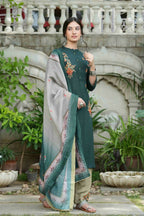 Juniper Bottle Green Mono Viscose Festive Wear Embroidered Straight Kurta Pant Dupatta Set | Grocsy