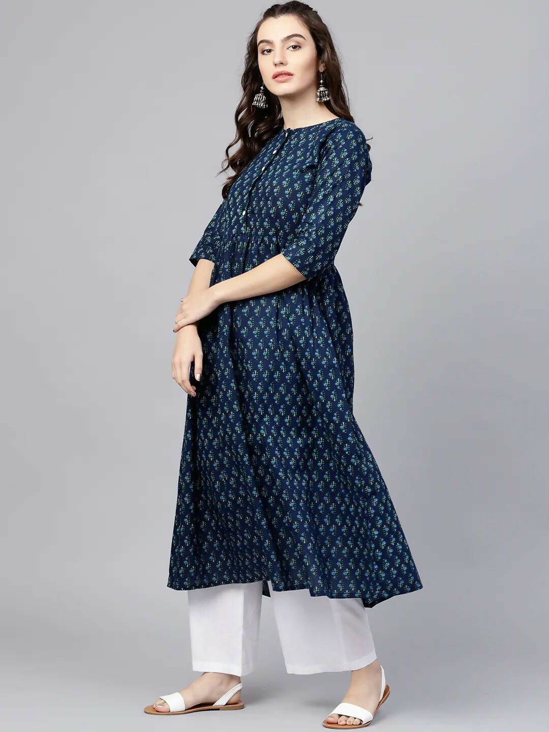 Vamika Printed Cotton Blue Party Wear/Casual Wear Women Kurta Set/Suit | Grocsy