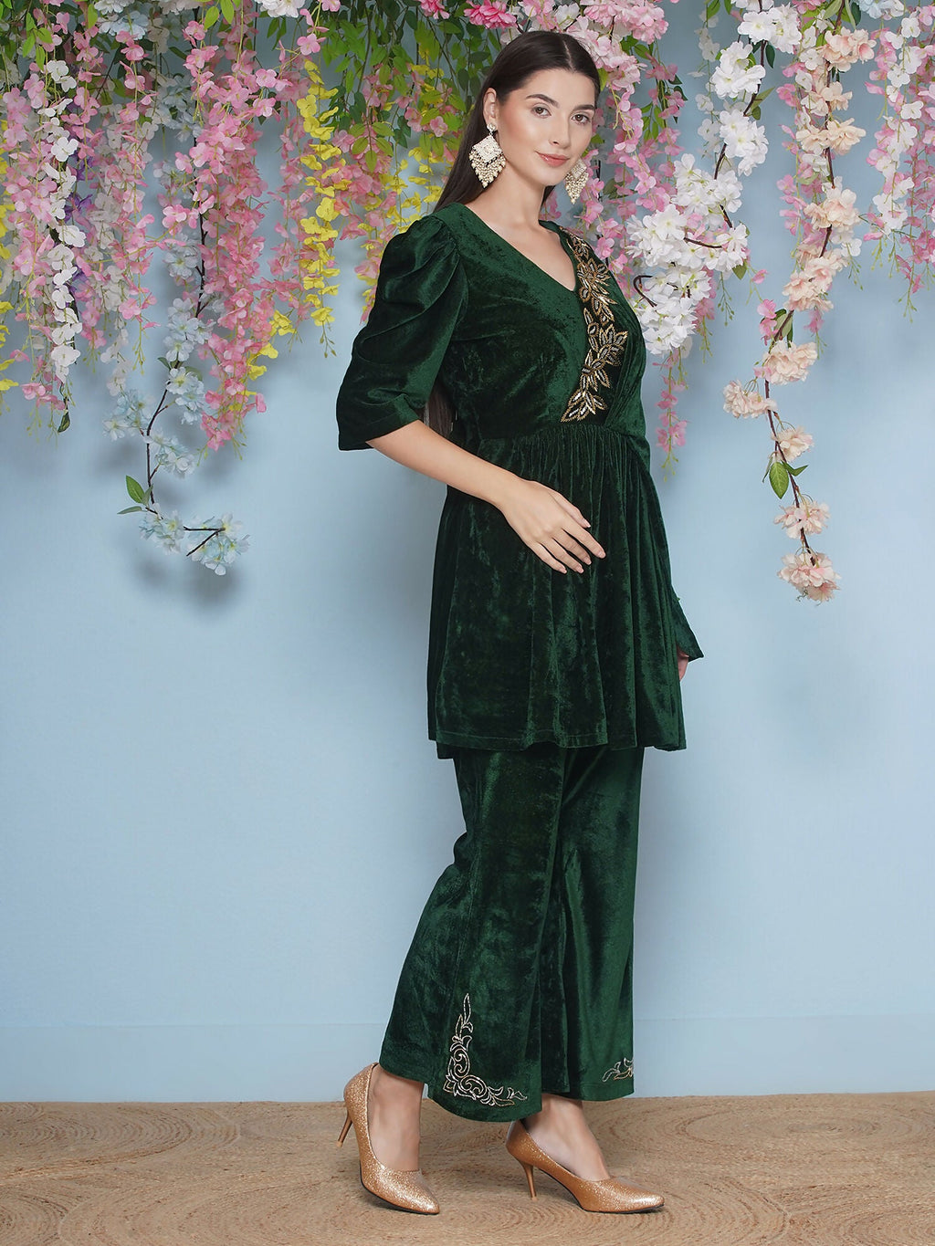 Joban Fashion Green Velvet Hand Embellished Set | Grocsy