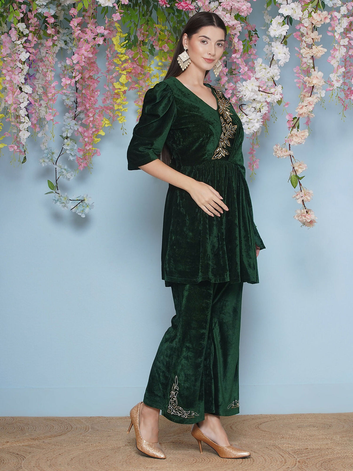 Joban Fashion Green Velvet Hand Embellished Set | Grocsy