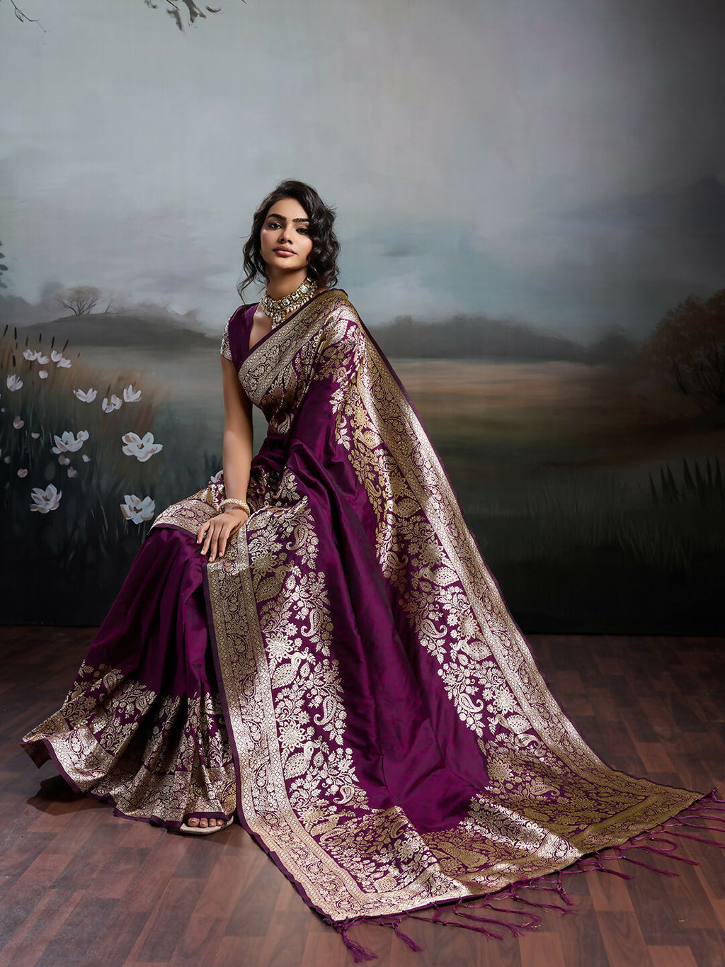 Shree Shyam Fashion Wine Silk Blend Saree | Grocsy