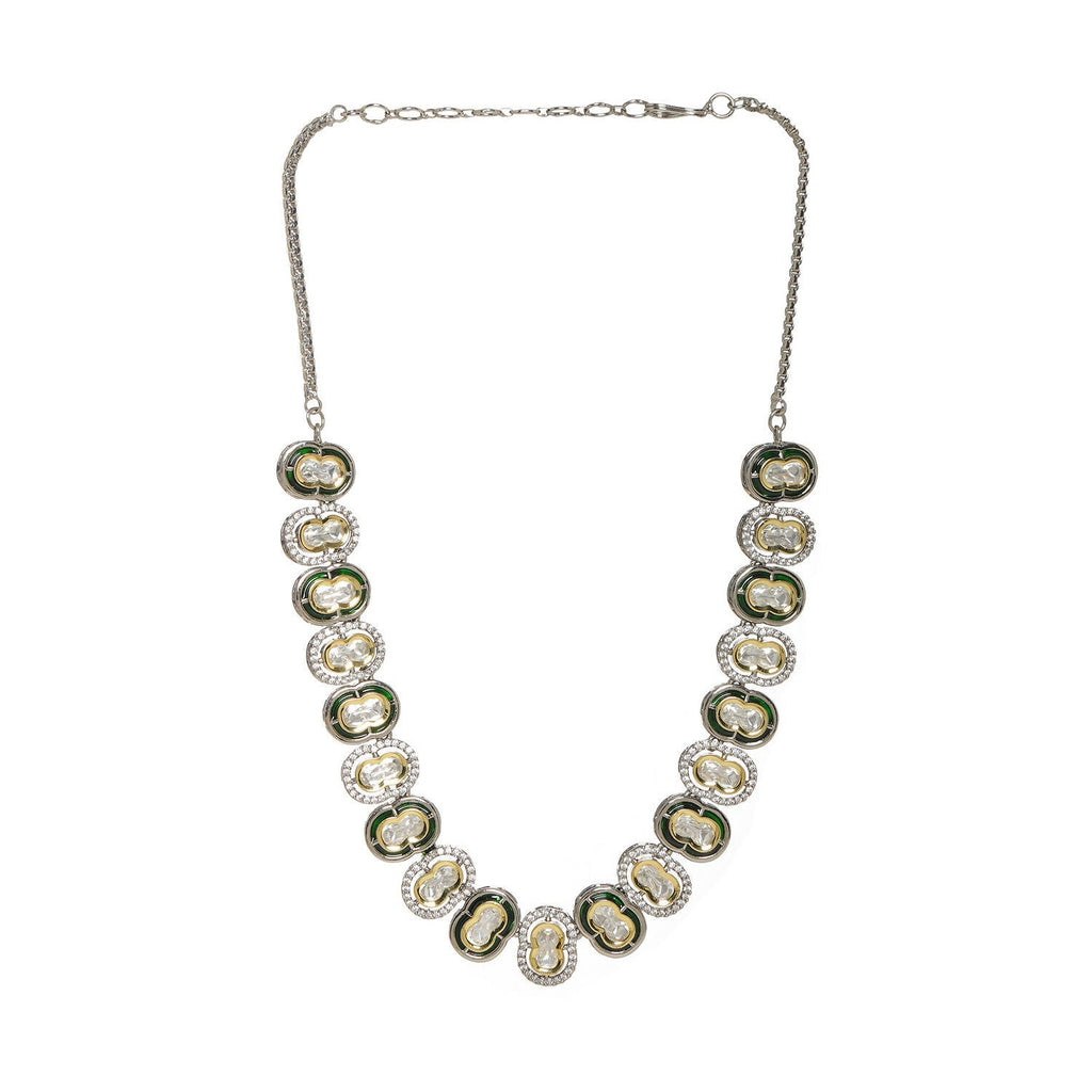 Mufli (peanut) Kundan Neckpiece with Meenakari and American Diamonds (Silver) - Ruby Raang | Grocsy