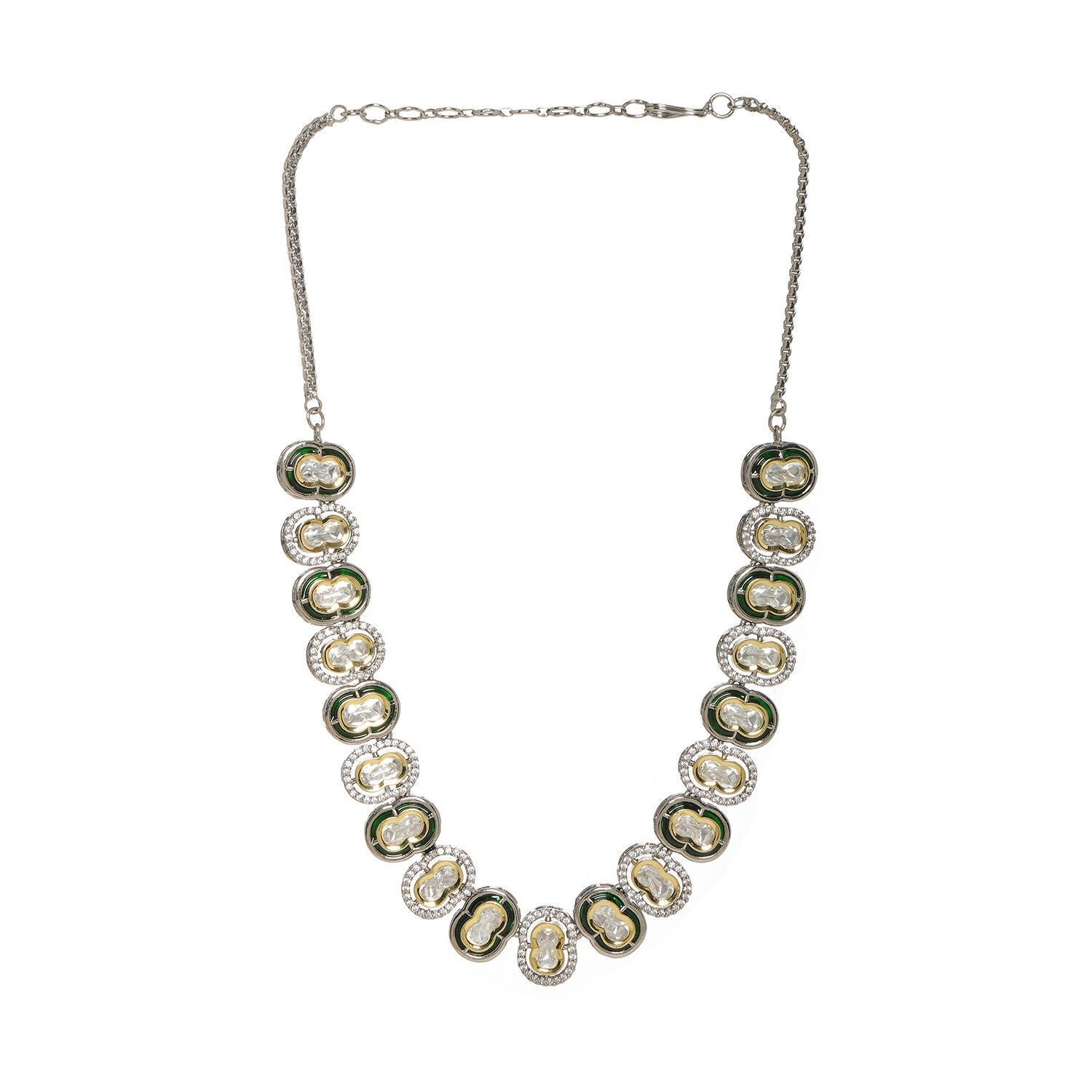 Mufli (peanut) Kundan Neckpiece with Meenakari and American Diamonds (Silver) - Ruby Raang | Grocsy
