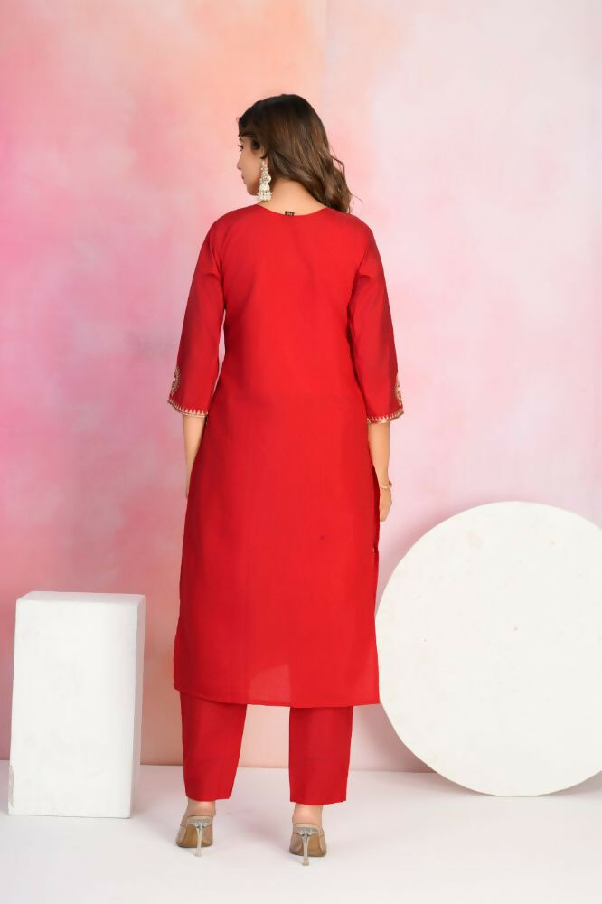 Ethnic Festive Wear Viscose Chanderi Red Stitched Suit With Dupatta - Tanisha | Grocsy