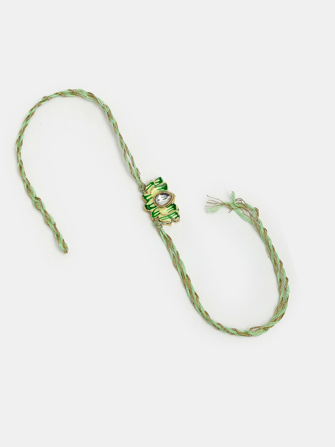 NVR Women & Men Set of 2 Green Lotus Shape Kundan-Studded & Beaded Wraparound Rakhi Set With Roli Chawal & Chocolate | Grocsy