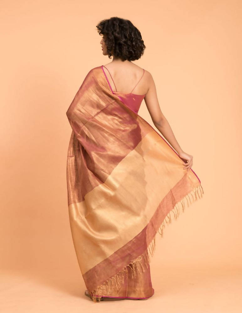 Suta Pink Golden Solid Zari Pure Linen Saree | Grocsy