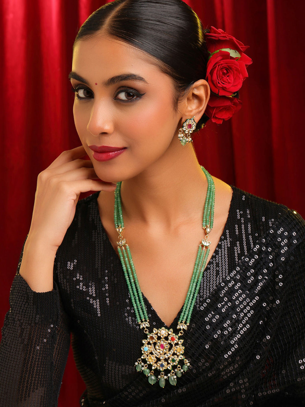 Ruby Raang Long Kundan Neckpiece With Earrings | Grocsy