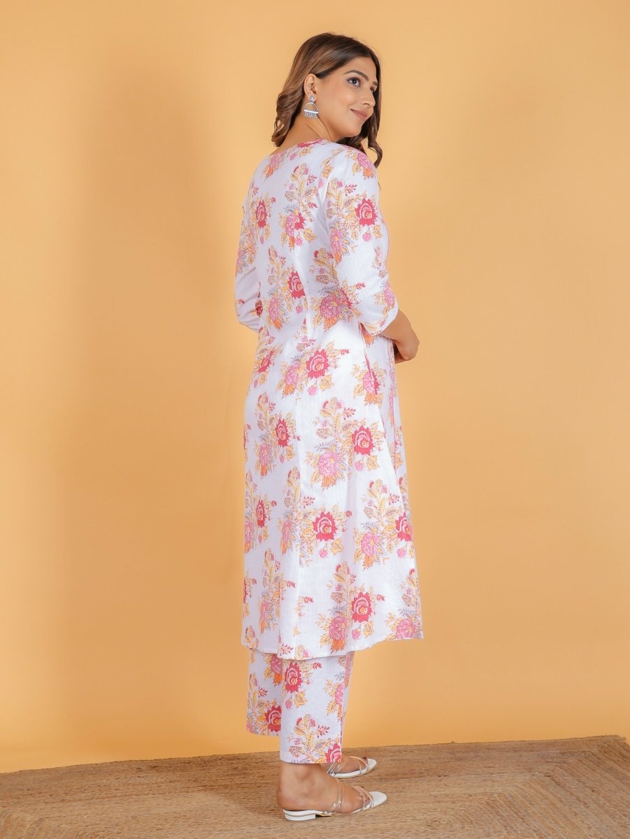 Aramya A-line Kantha Cotton Floral Print Women's Kurta - White | Grocsy