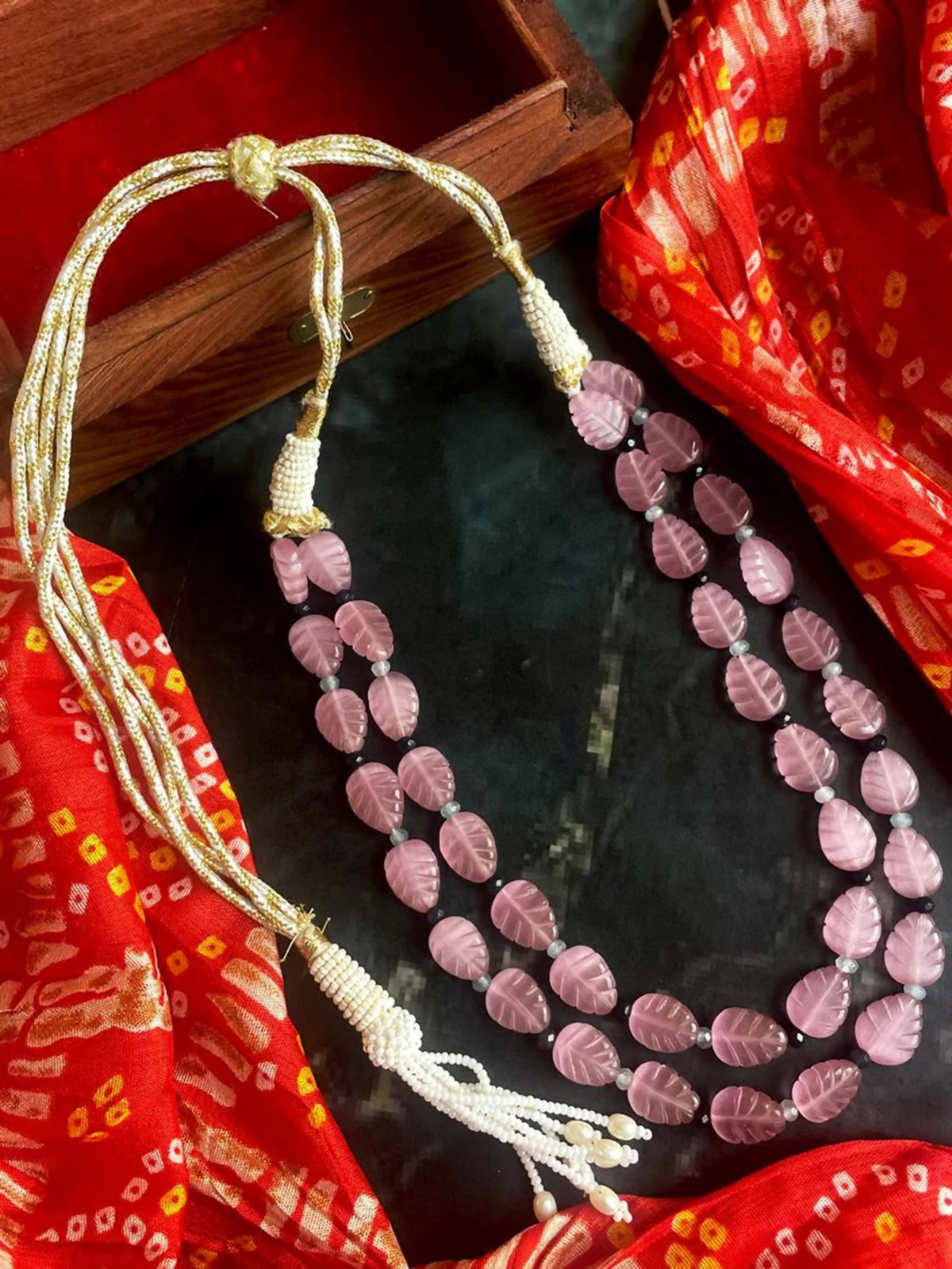 Joban Fashion Onion Pink Stone Semi Precious Carving Stone Partywear Double Layer Mala | Grocsy
