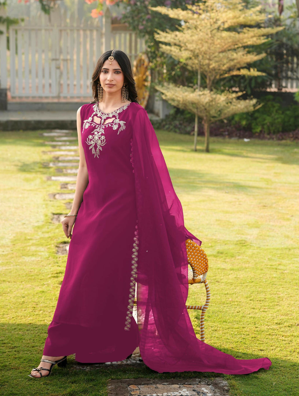 Nikhaar Magenta Embroidered Art Silk Stitched A Line Kurta Palazzo Dupatta Readymade Suit | Grocsy