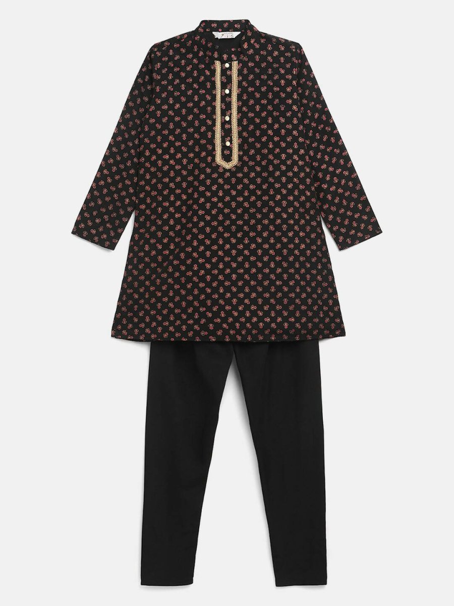 Ahalyaa Black Crepe Gold Pigment Print Kids Kurta Churidar Set For Boys | Grocsy
