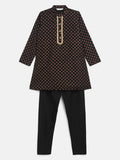 Ahalyaa Black Crepe Gold Pigment Print Kids Kurta Churidar Set For Boys | Grocsy