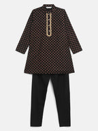 Ahalyaa Black Crepe Gold Pigment Print Kids Kurta Churidar Set For Boys | Grocsy