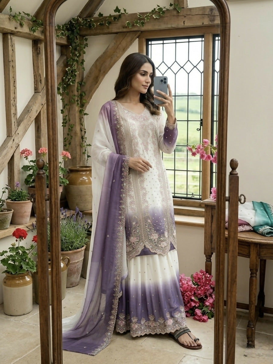 Teeya Creation New Trending Heavy Dual Tone Peding Star Georgette Purple Kurta Set | Grocsy