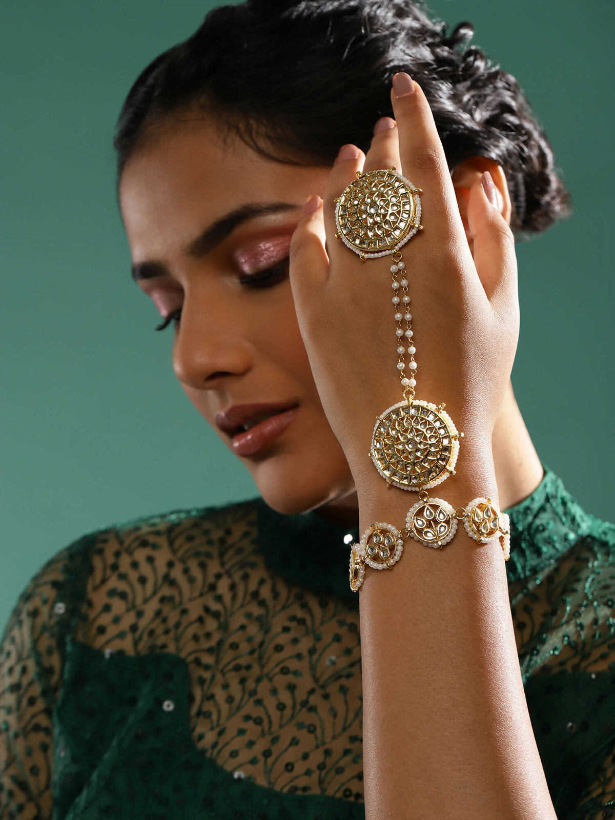 Women's Gold-Toned White Brass Kundan Gold-Polished Charm Bracelet - Ruby Raang | Grocsy