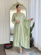 The52 Pista Women's Gorgeous Embroidered Vichitra Silk Fabric Flared Kurta Pant with Dupatta Set | Grocsy
