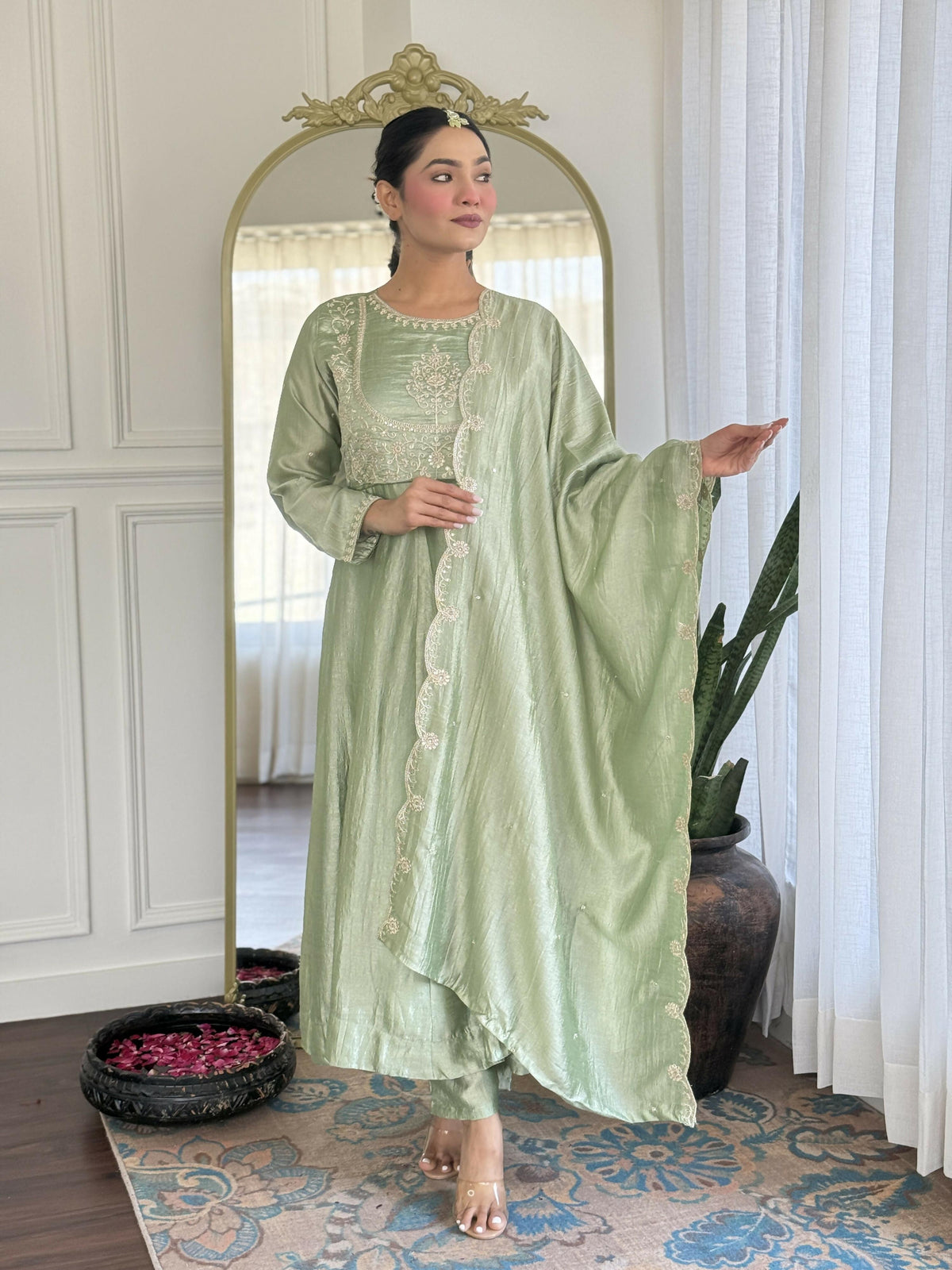 The52 Pista Women's Gorgeous Embroidered Vichitra Silk Fabric Flared Kurta Pant with Dupatta Set | Grocsy