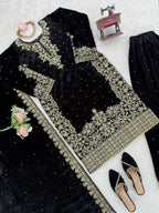 Vastranavya Black Viscose Velvet Cording Sequence With Moti Work Top-Bottom With Dupatta | Grocsy