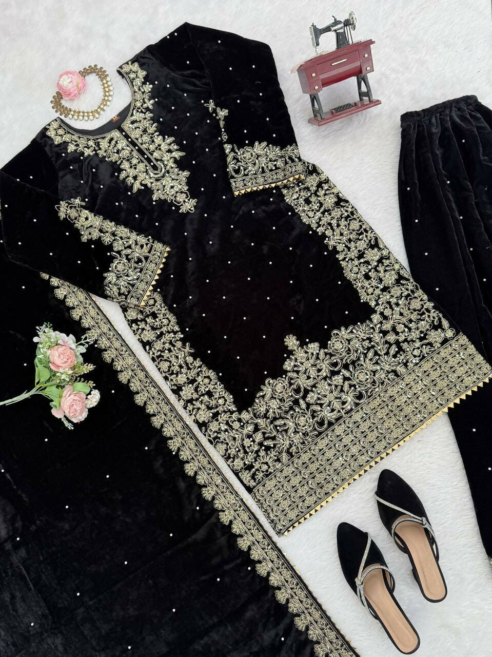 Vastranavya Black Viscose Velvet Cording Sequence With Moti Work Top-Bottom With Dupatta | Grocsy