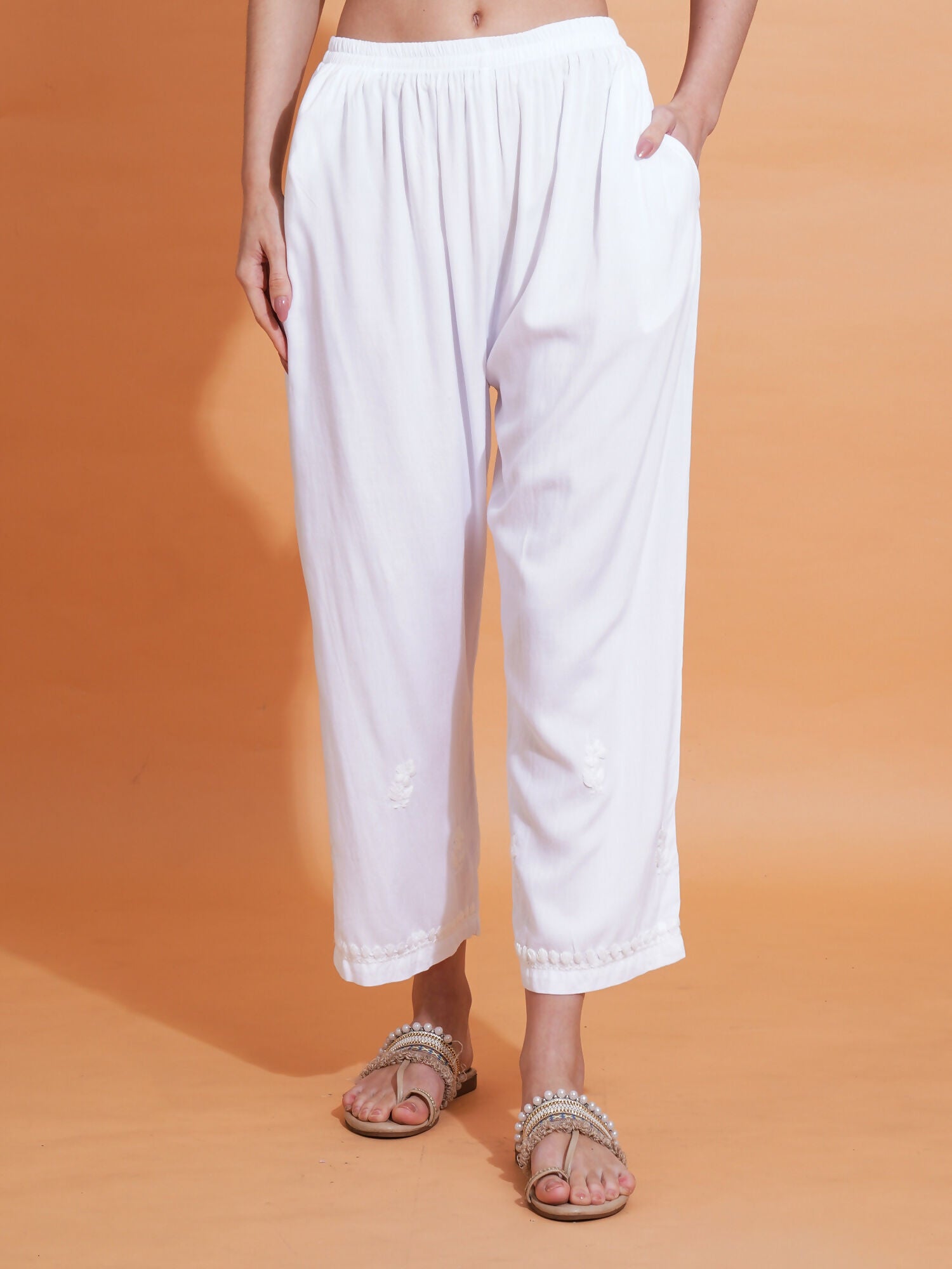 Pahnaz Luxury Rayon Chikankari Handwork Palazzo-White | Grocsy
