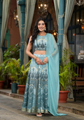 Juniper Women's Aqua Ethnic Motif Printed Lehenga Set With Sequins & Gota Patti | Grocsy