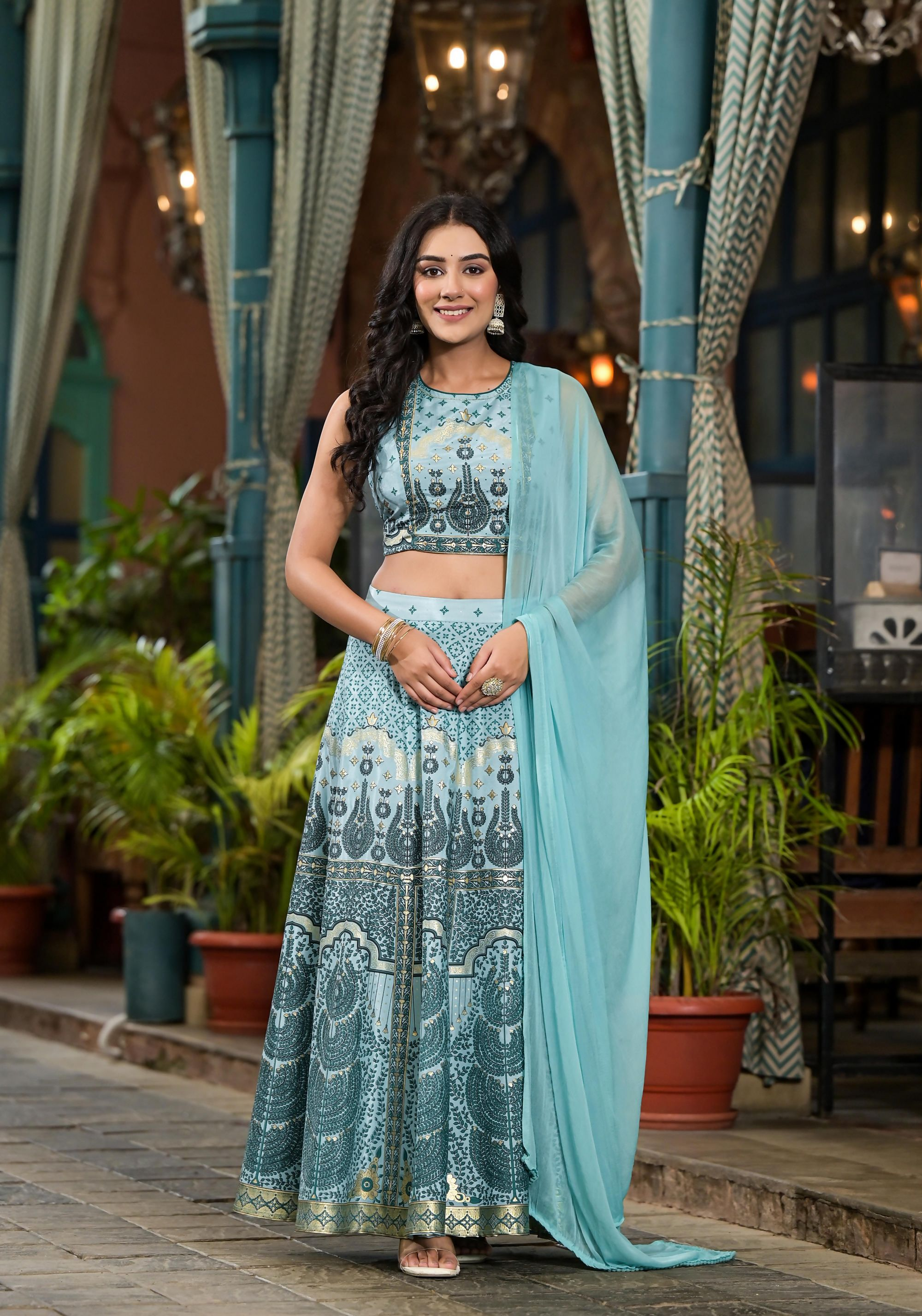Juniper Women's Aqua Ethnic Motif Printed Lehenga Set With Sequins & Gota Patti | Grocsy