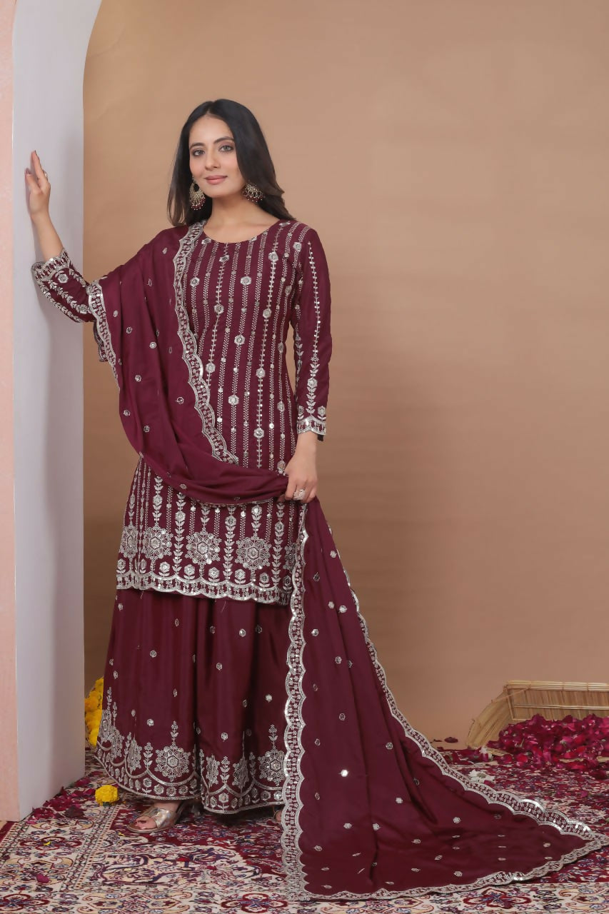 Teeya Creation Maroon Color Natural Crepe Silk Wedding Wear Trending Salwar Suit | Grocsy