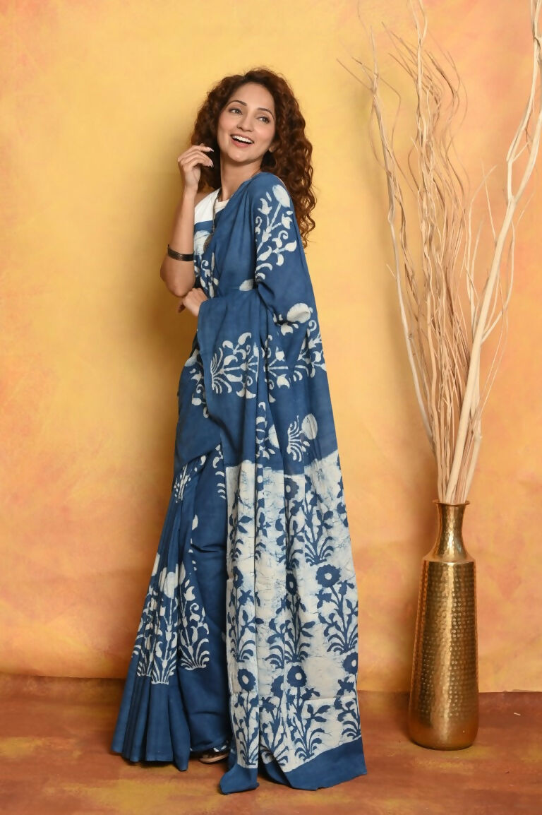 Very Much Indian Handblock Printed Cotton Saree With Natural Dyes - Cerulean Blue | Grocsy