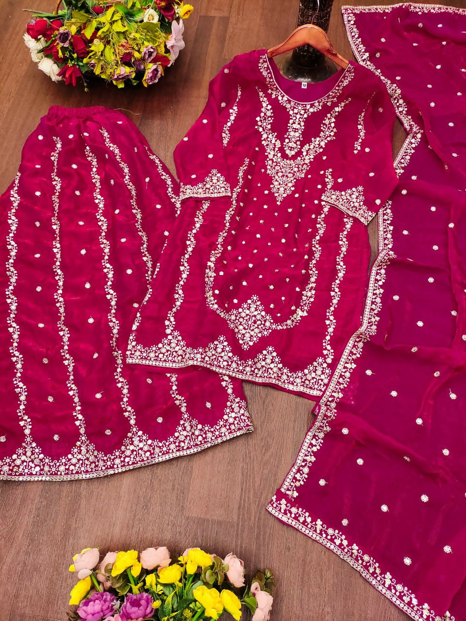 Teeya Creation Women'S Magenta Pink Faux Georgette Zari Work Kurta Sharara Set | Grocsy