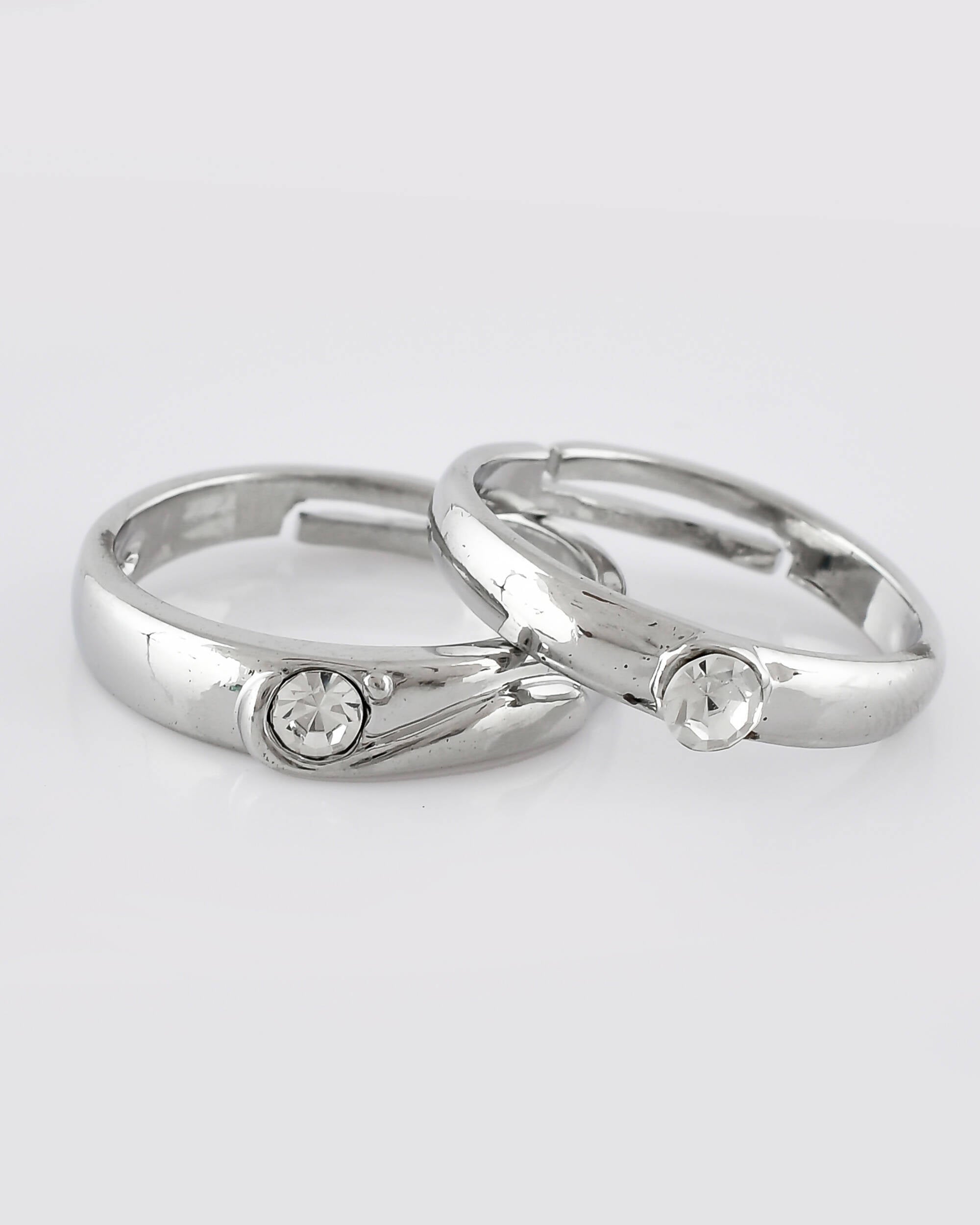VOJ Stainless Steel Cubic Zirconia Silver Plated Adjustable Ring Set for Couple | Grocsy