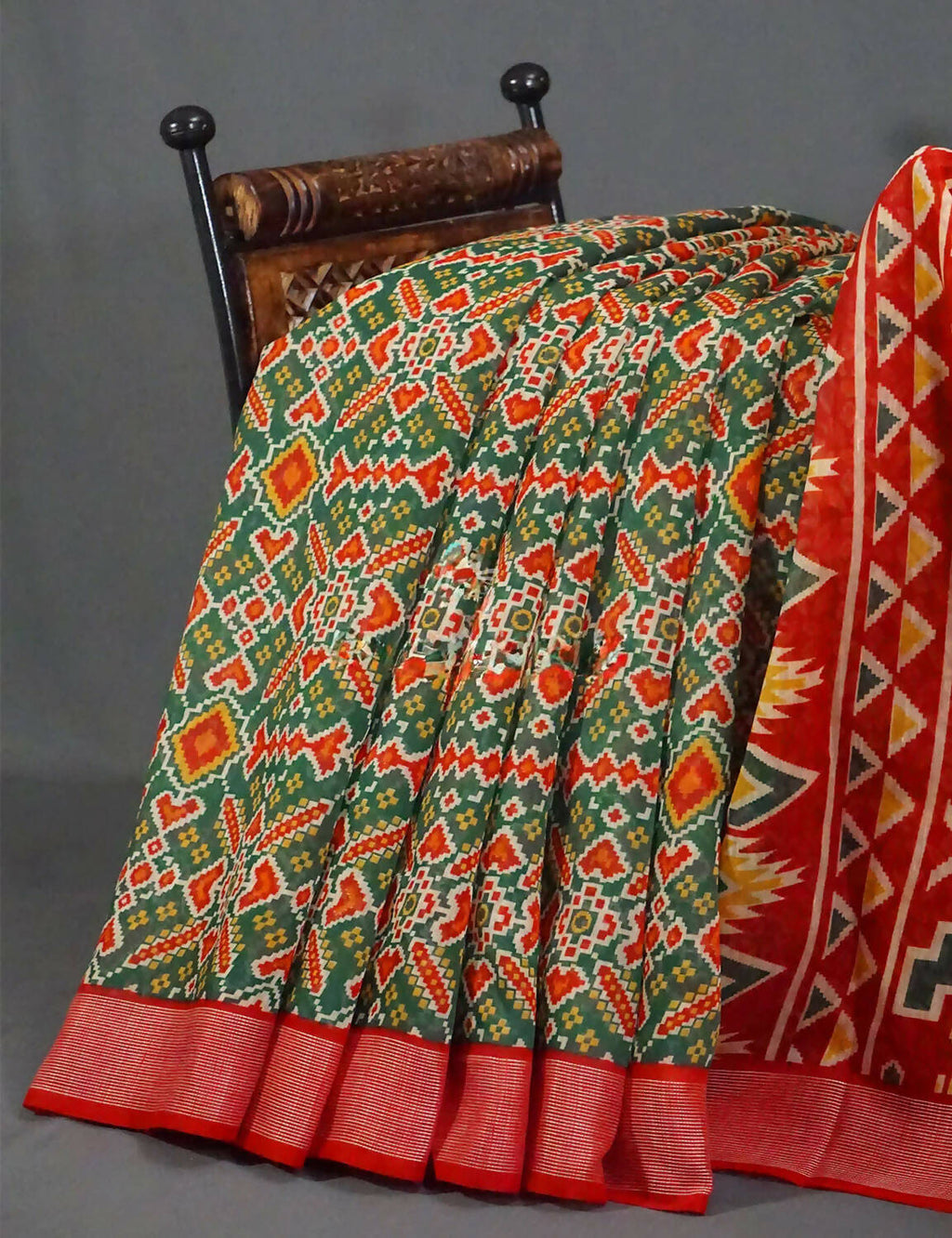 Combo of Parrot Green and Red Patola Print Semi Chanderi Saree By Gayathri Reddy Designer Studio | Grocsy