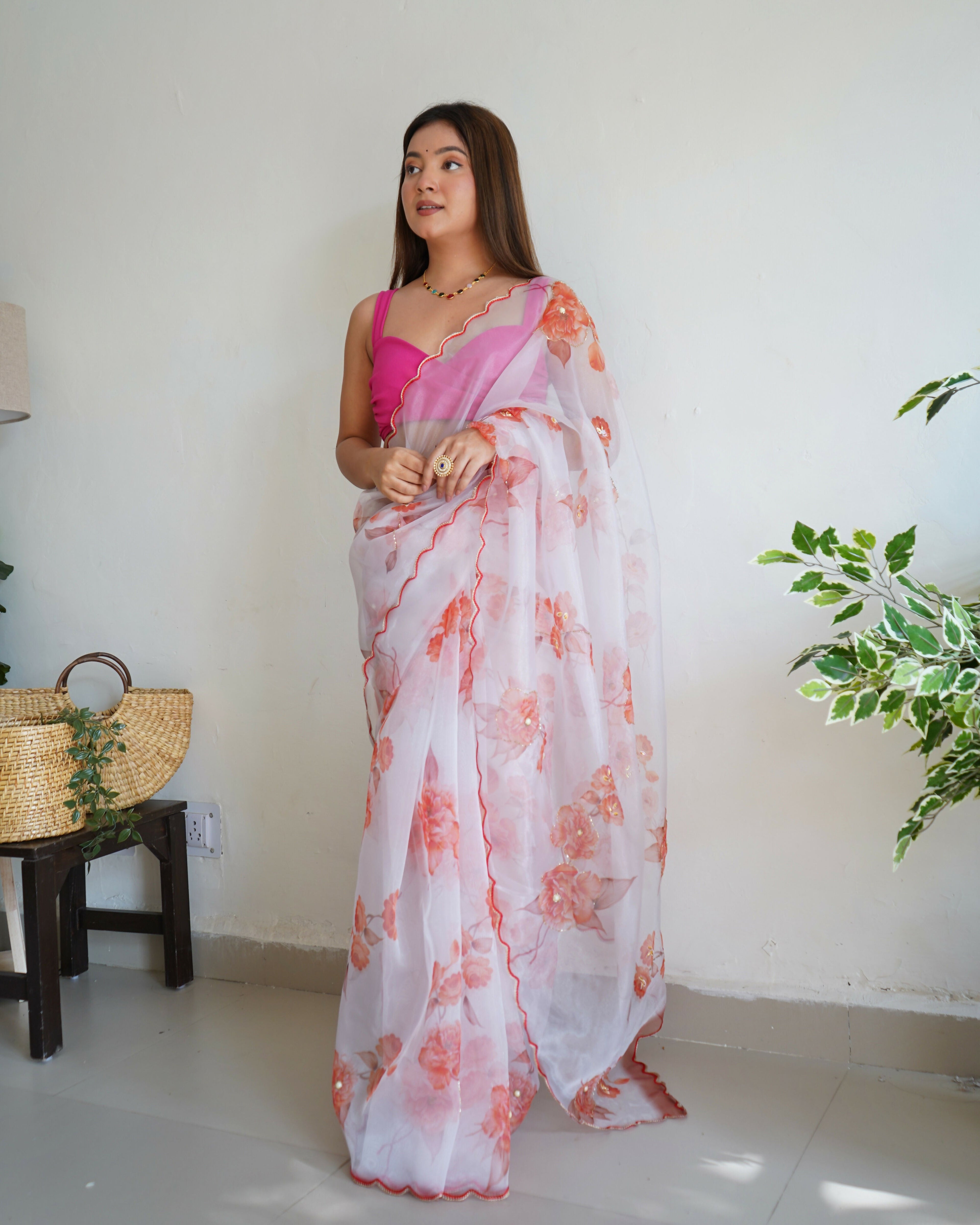 Vamsee Ramya White Organza Saree | Grocsy