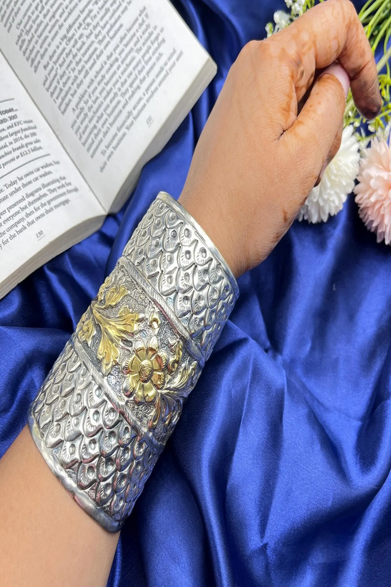Vastrabhushan Oxidized Silver Cuff Bracelet: Vintage Dual tone Boho Floral Broad Bangle Adjustable | Grocsy