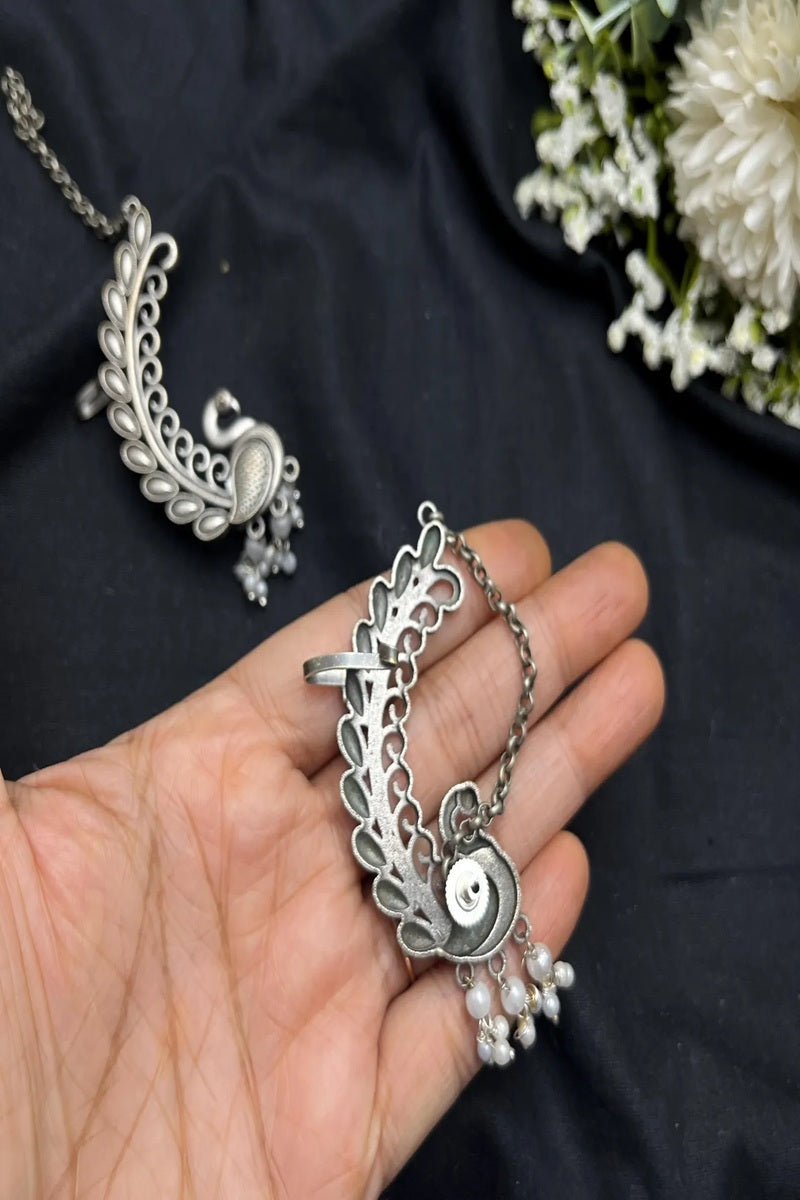 Vastrabhushan Peacock Ear Cuff Earrings Silver | Boho Ear Wrap | Statement Ear Climber with pearls | Grocsy