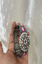 Vastrabhushan Oxidized Silver Lotus Bangle Set with Enamel Meenakari, Boho Statement Kada Bracelet for Women | Grocsy