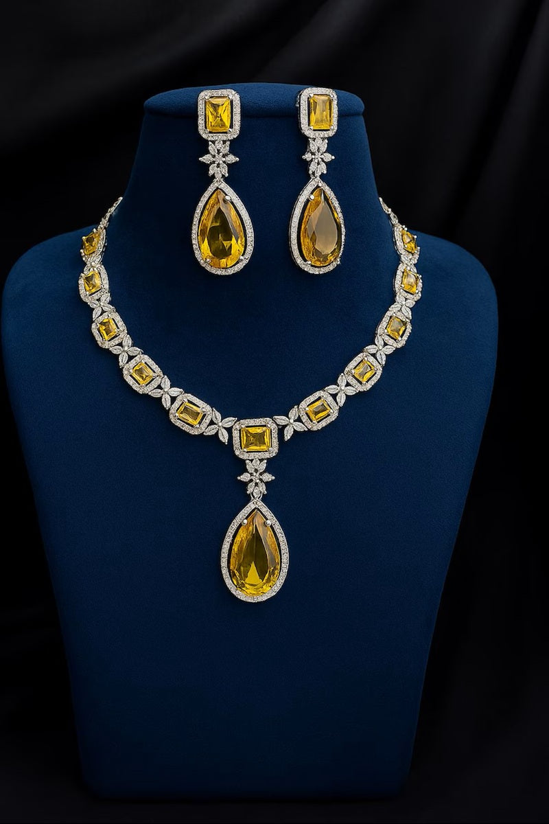 Vastrabhushan Yellow CZ Crystal Necklace Set: Indian Bridal Jewelry | Grocsy
