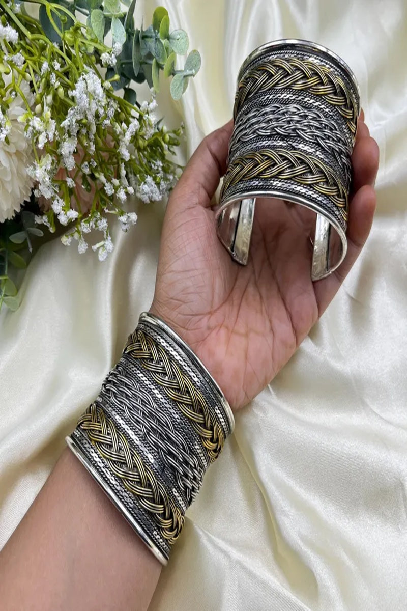 Vastrabhushan Dual Tone Oxidized Hand Cuff Bracelet | Silver Gold Tribal Statement Kada | Grocsy