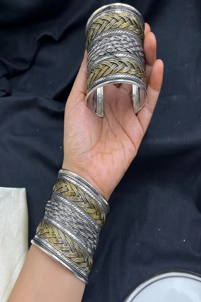 Vastrabhushan Dual Tone Oxidized Hand Cuff Bracelet | Silver Gold Tribal Statement Kada | Grocsy
