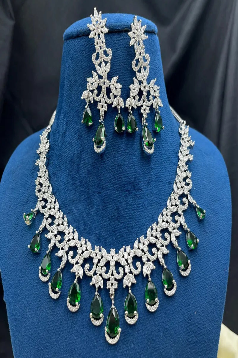 Vastrabhushan Emerald Green CZ Necklace Set: Indian Bollywood Jewelry | Grocsy