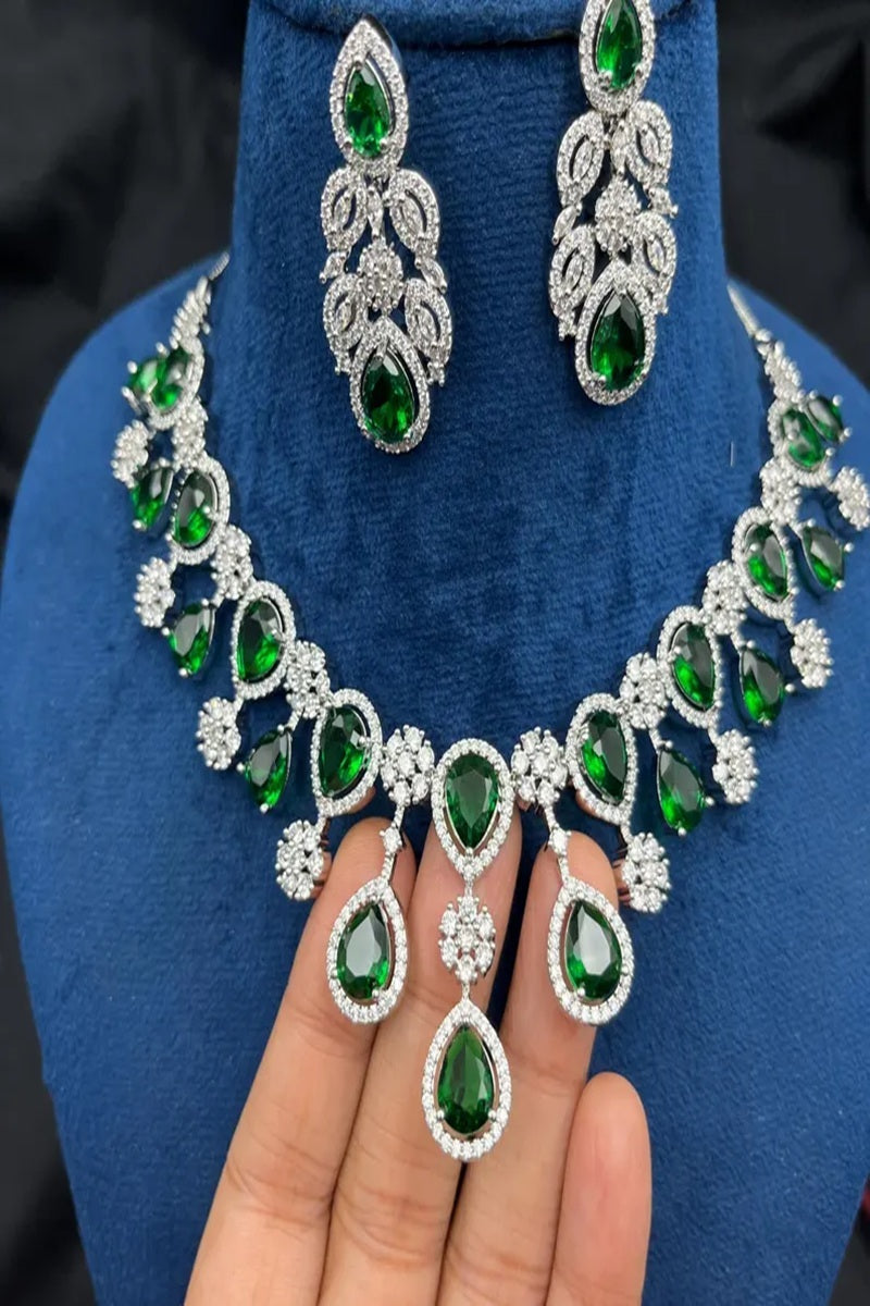 Vastrabhushan Emerald Green Teardrop Bridal Jewelry Set: Crystal CZ Choker Necklace & Earrings | Grocsy