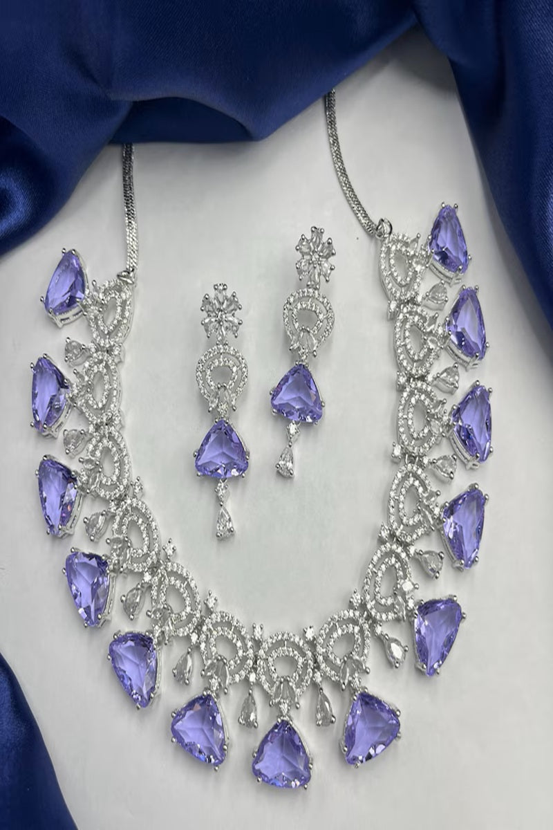 Vastrabhushan Amethyst CZ Bridal Jewelry Set: Silver Wedding Necklace & Earrings | Grocsy