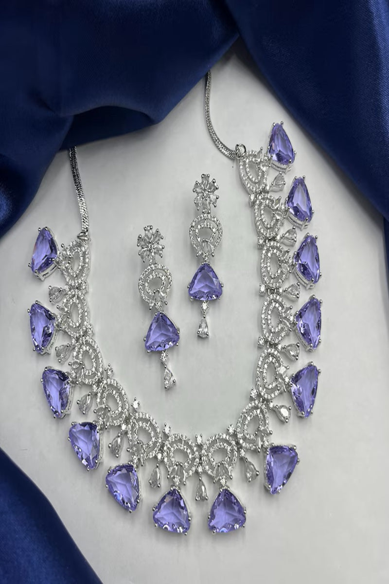 Vastrabhushan Amethyst CZ Bridal Jewelry Set: Silver Wedding Necklace & Earrings | Grocsy