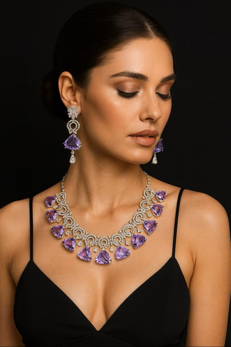 Vastrabhushan Amethyst CZ Bridal Jewelry Set: Silver Wedding Necklace & Earrings | Grocsy