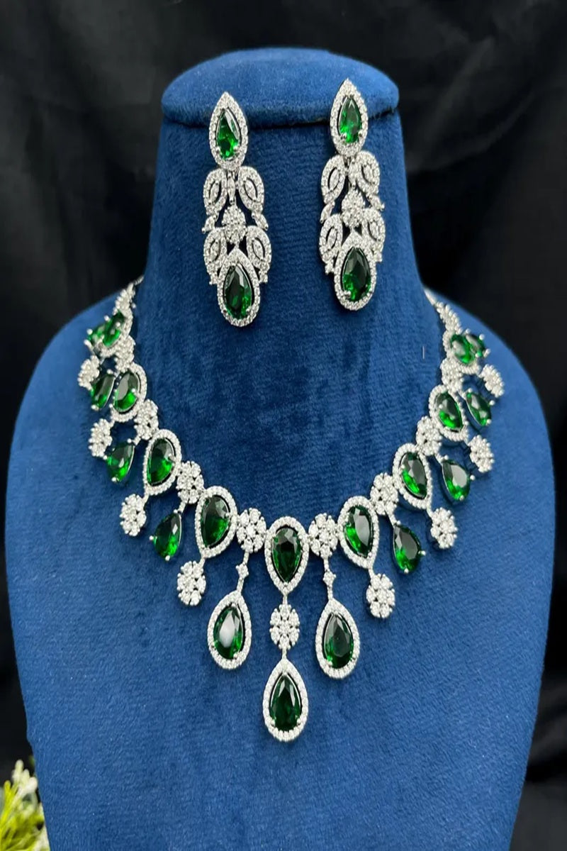 Vastrabhushan Emerald Green Teardrop Bridal Jewelry Set: Crystal CZ Choker Necklace & Earrings | Grocsy